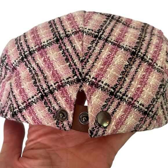 Pink Plaid Tweed Newsboy Cabbie Hat Cap One Size Adjustable Lined Preppy Twee - Picture 3 of 5